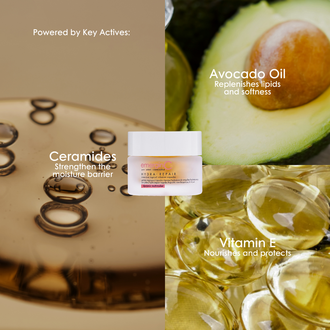 Key ingredients in emerginC Hydra-Repair Capsules: avocado oil, ceramides and vitamin E.