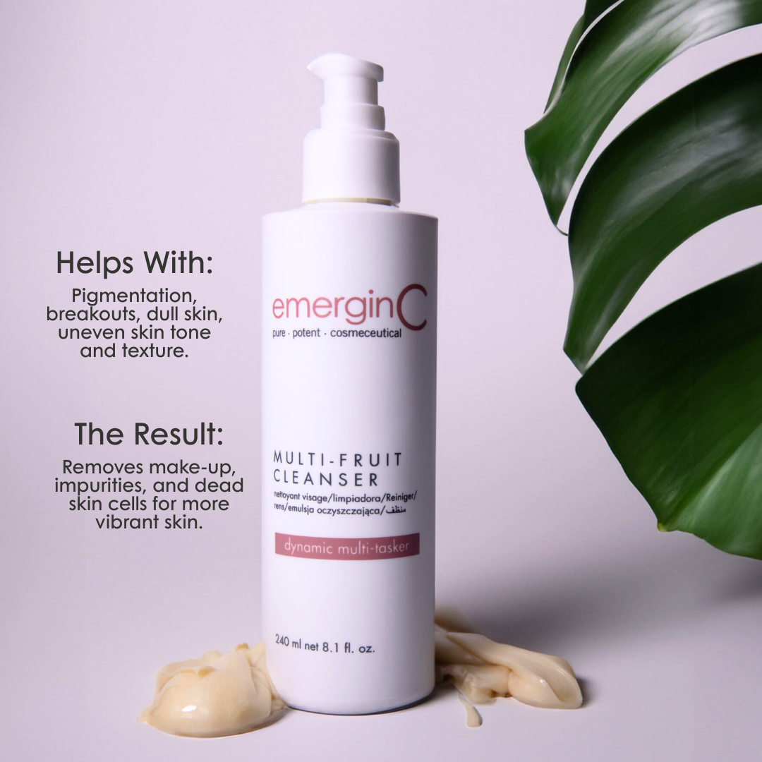 emerginC Multi-Fruit Cleanser 240ml resurfacing facial cleanser with botanical leaves. Helps remove makeup, impurities and dead skin cells for brighter skin.