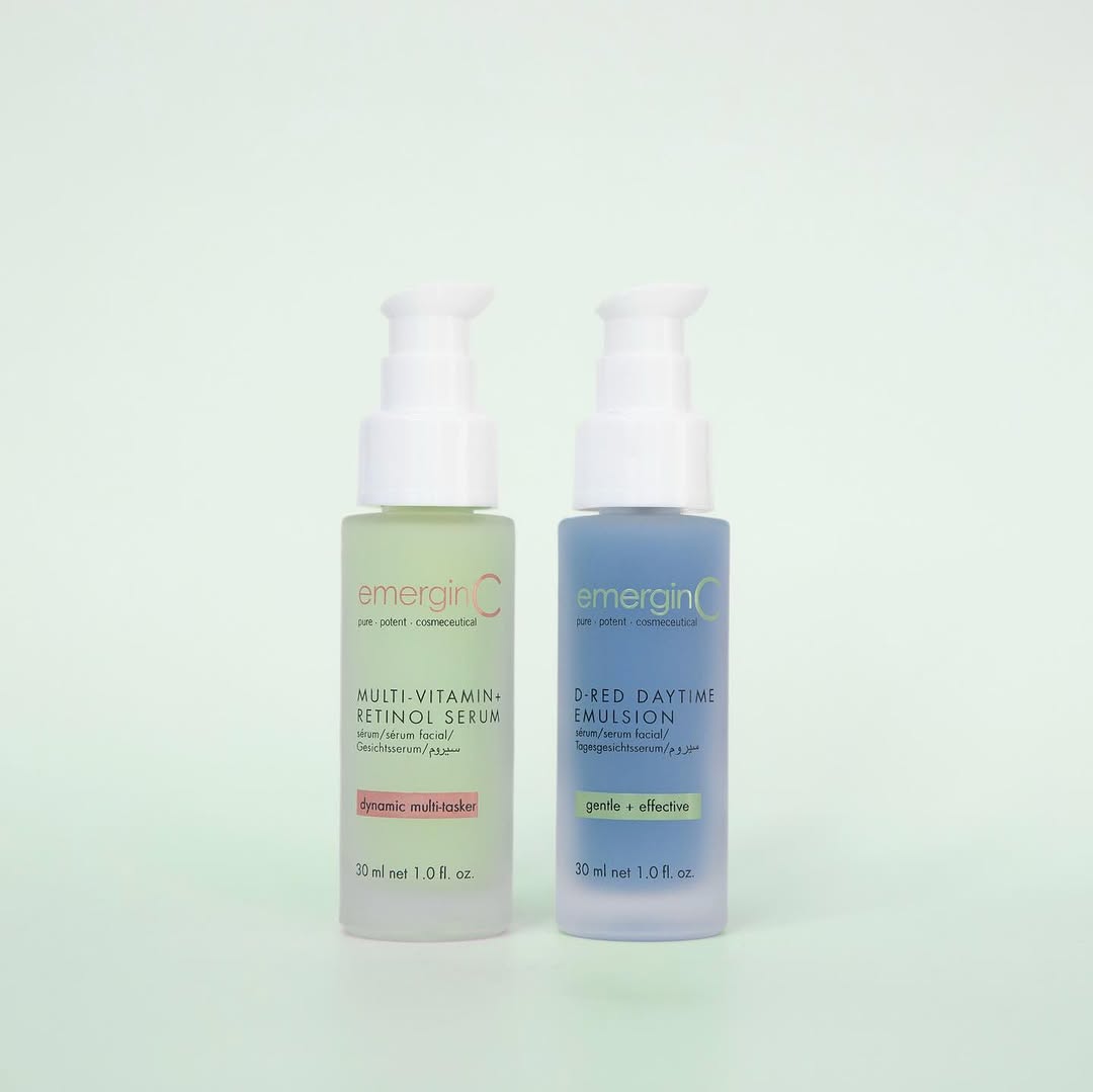 emerginC Australia Multi-Vitamin + Retinol Serum 30ml with probiotics and vitamins A–F, shown alongside emerginC D-Red Daytime Emulsion 30ml for calming sensitive, stressed skin.
