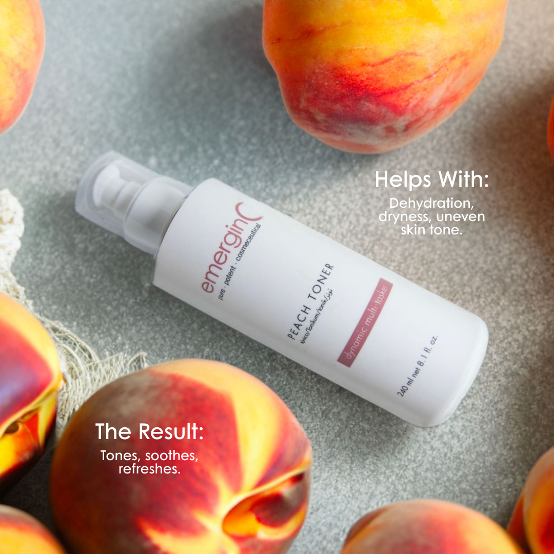 emerginC Peach Toner hydrating facial toner with peach extract surrounded by fresh peaches. Helps tone, soothe and refresh dehydrated skin.