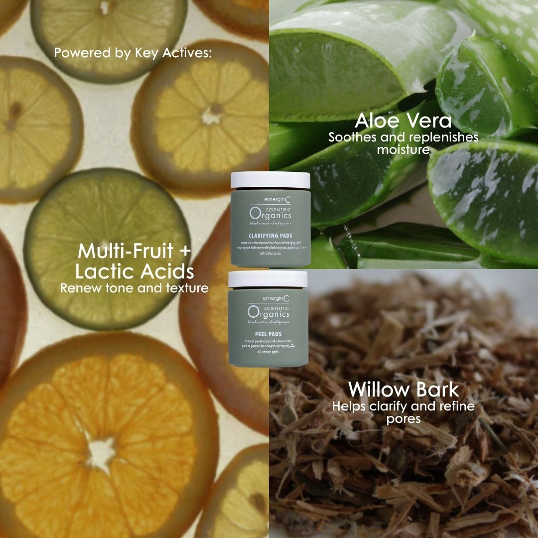 Key actives in the Scientific Organics At-Home Facial Peel and Clarifying Kit: multi-fruit and lactic acids, aloe vera and willow bark.