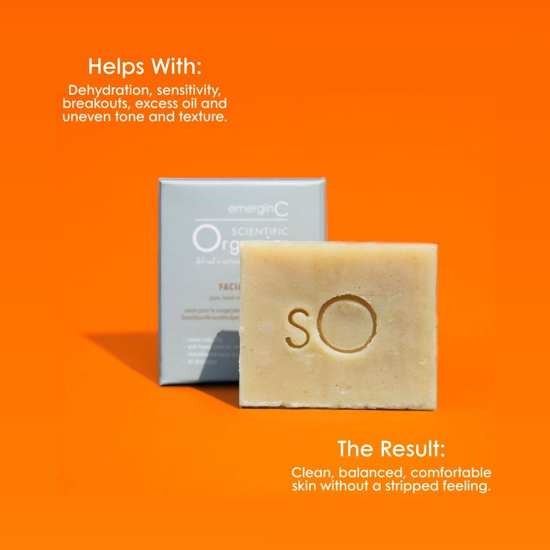 Scientific Organics Facial Bar for dehydration, sensitivity, breakouts and excess oil, leaving skin clean, balanced and comfortable.