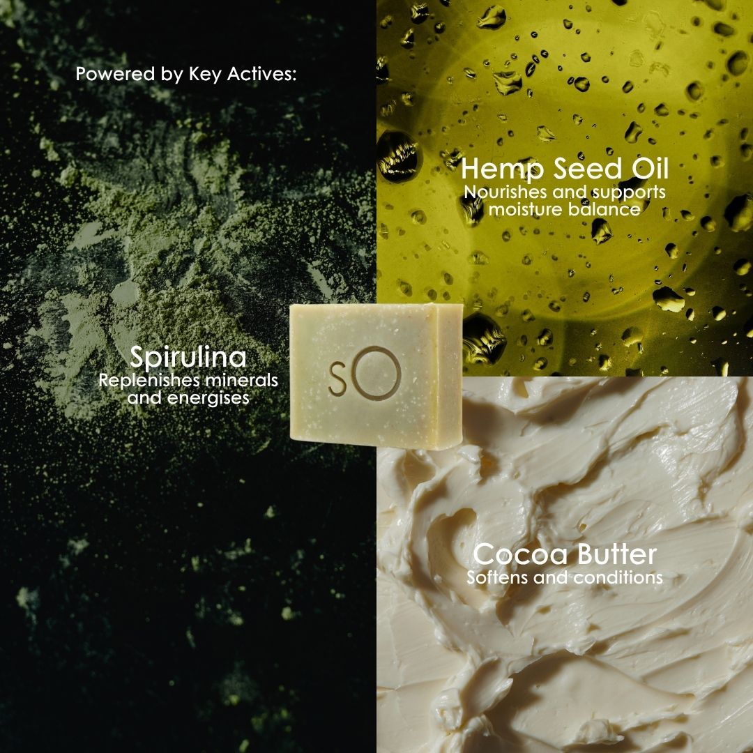 Key actives in the Scientific Organics Facial Bar: spirulina, hemp seed oil and cocoa butter.