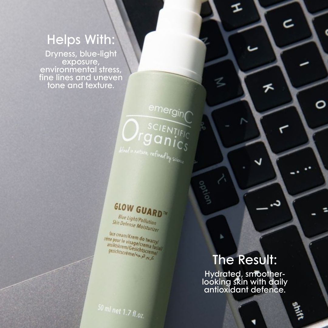 Scientific Organics Glow Guard for dryness, blue-light exposure and environmental stress, supporting hydrated and smoother-looking skin.