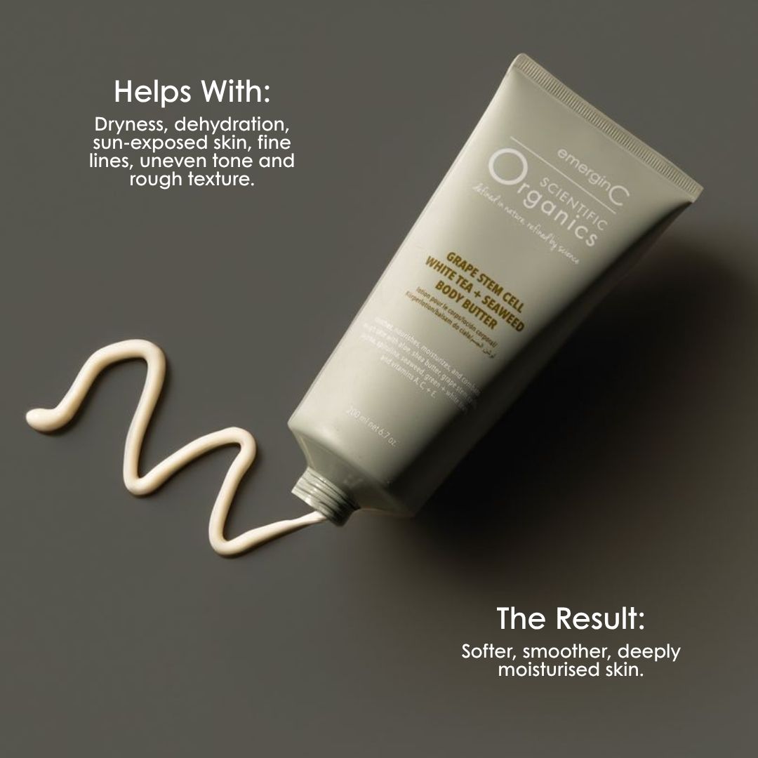 Scientific Organics body butter for dryness, dehydration and rough texture, leaving skin softer, smoother and deeply moisturised.