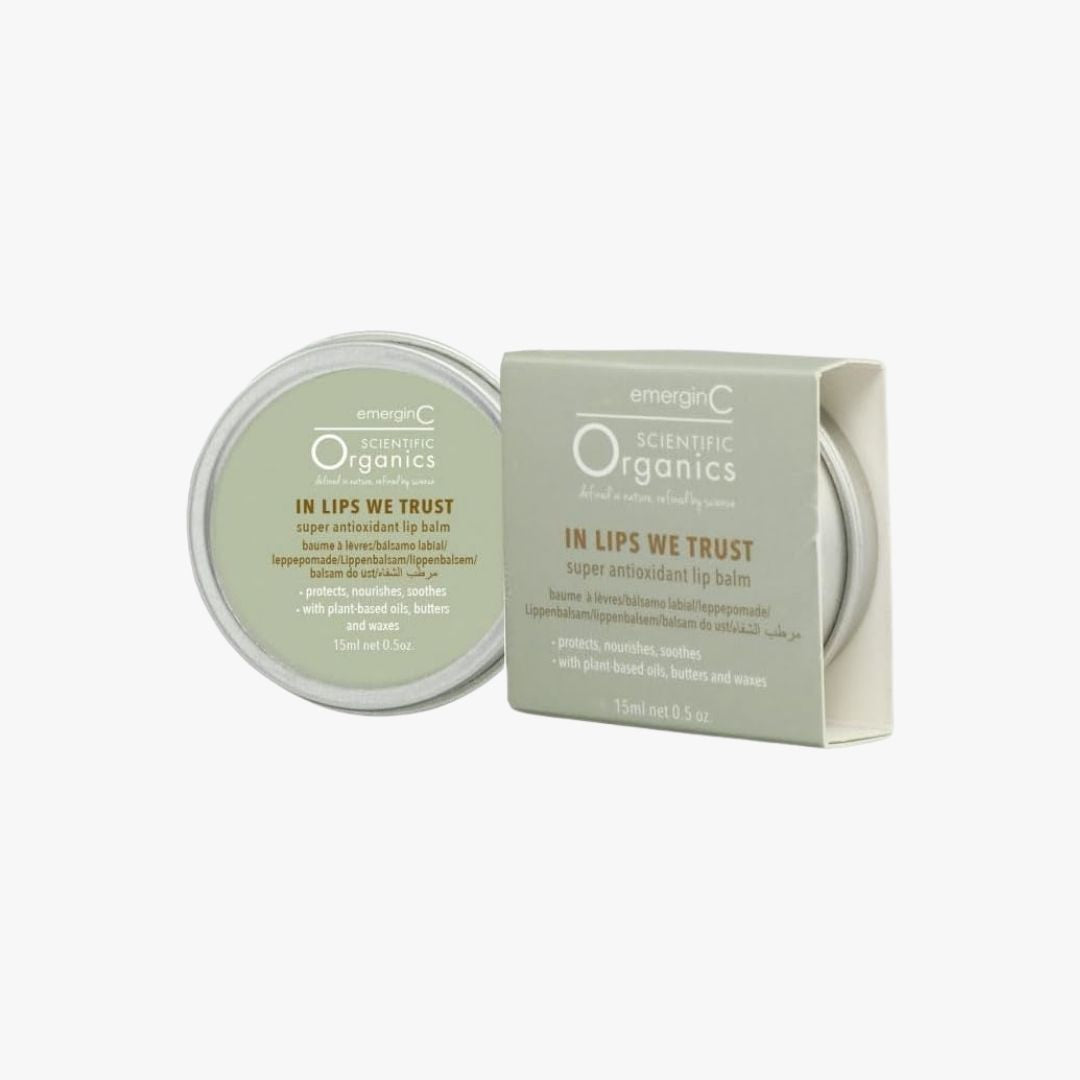 Scientific Organics In Lips We Trust Super Antioxidant Lip Balm product packaging.