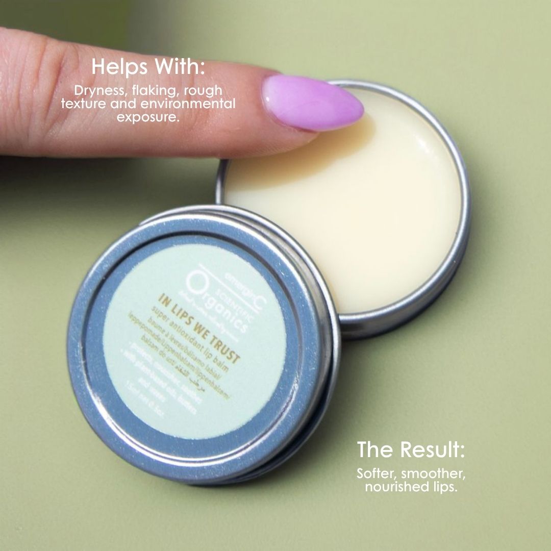 Scientific Organics antioxidant lip balm for dry, flaky and rough lips, leaving them softer, smoother and nourished.