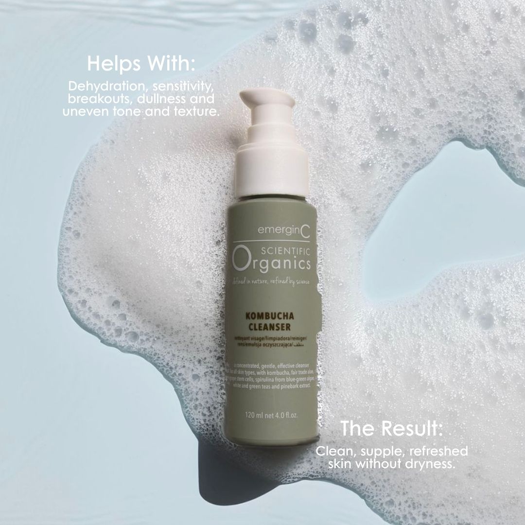 Scientific Organics Kombucha Cleanser for dehydration, sensitivity and dullness, leaving skin clean, supple and refreshed without dryness.