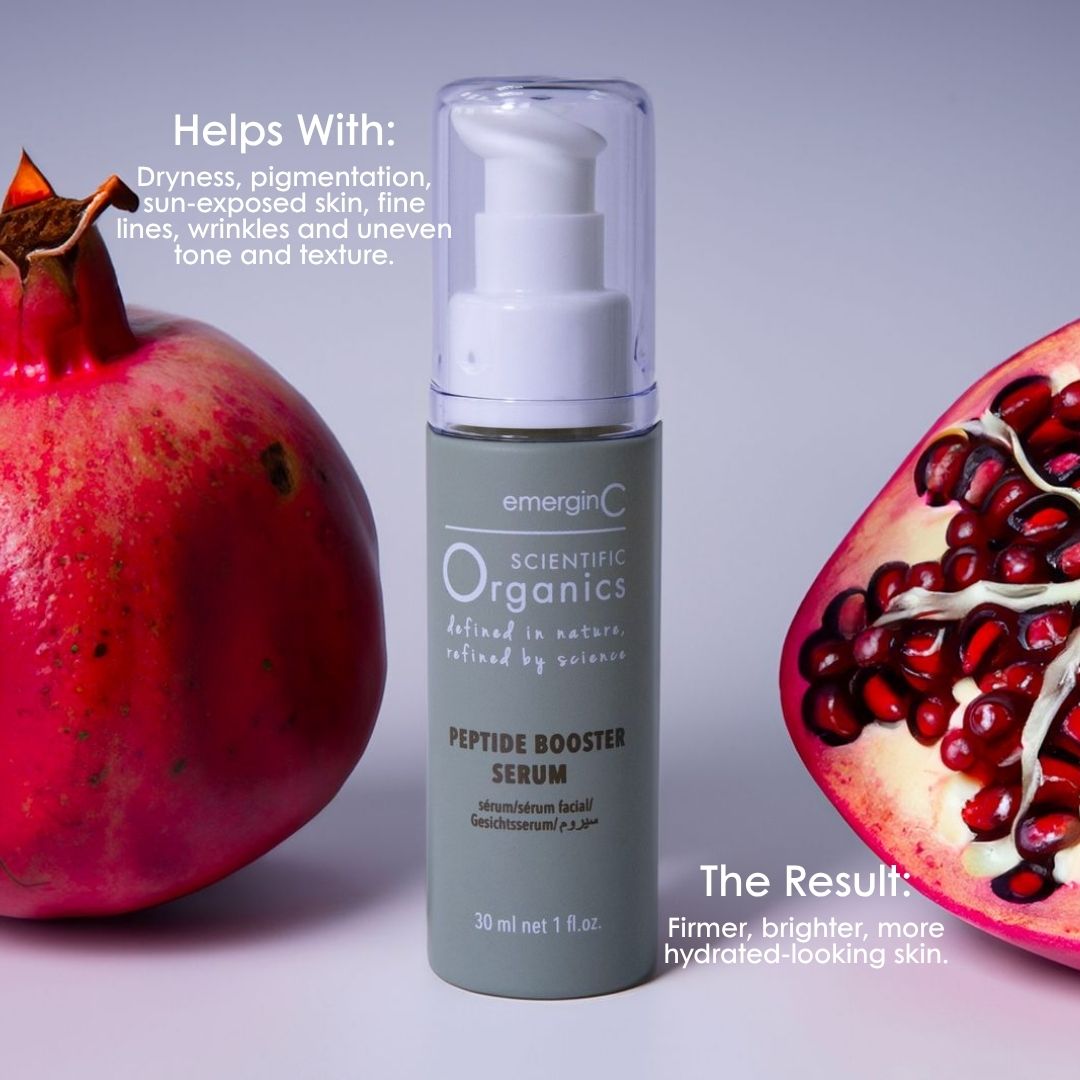 Scientific Organics Peptide Booster Serum for dryness, pigmentation, fine lines and uneven tone, supporting firmer, brighter and more hydrated-looking skin.