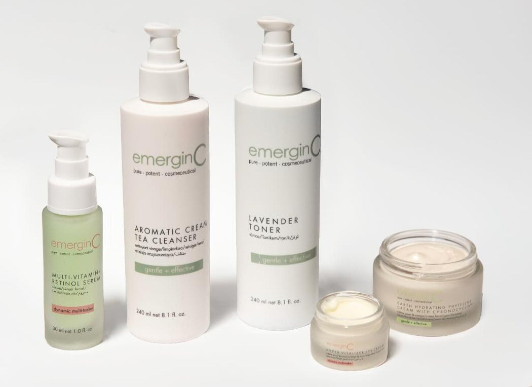 emerginC Signature Range featuring Multi-Vitamin + Retinol Serum, Aromatic Cream Tea Cleanser, Lavender Toner, Eye Cream, and Earth Hydrating Phytelene Cream – gentle and effective skincare for all skin types.