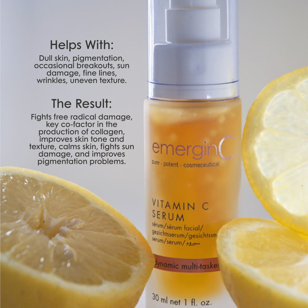 emerginC Vitamin C Serum 12% 30ml antioxidant brightening serum with fresh lemon slices. Helps improve dull skin, pigmentation, uneven texture, fine lines and sun damage while supporting collagen production.
